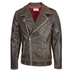 Men's Leather Biker Brando Design Jacket Neil Brown front side with zip opened a bit