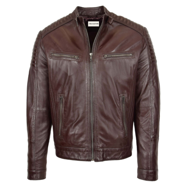 Men's Leather Cafe Racer Biker Jacket Ron Brown front side with zip opened a bit