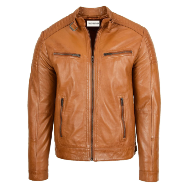 Men's Leather Cafe Racer Biker Jacket Ron Tan front side with zip opened a bit