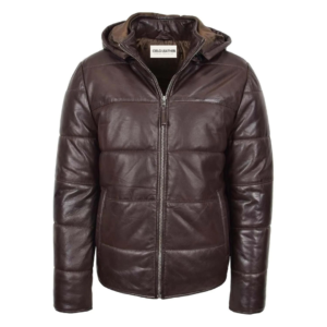 Mens Leather Hooded Puffer Jacket Rory Brown