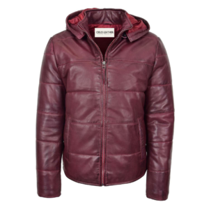 Men's Leather Hooded Puffer Jacket Rory Burgundy front view with zip opened a bit