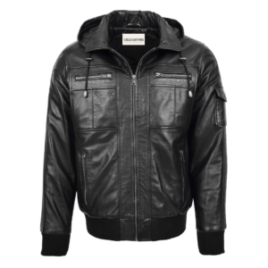 Mens Leather Bomber Jacket with Hoodie Bronx Black