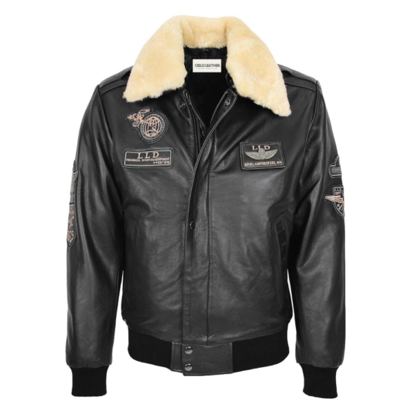 Mens Leather Jacket with Detachable Collar Pilot-N Black