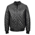 Front view of Mens Leather Quilted Bomber Jacket Black