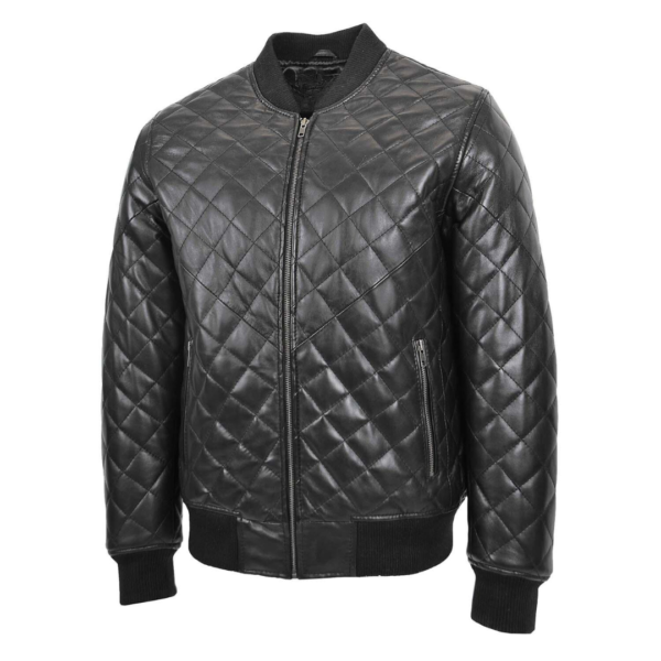 Front side view of Mens Leather Quilted Bomber Jacket Warren Black