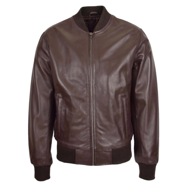 Mens Slim Fit MA1 Leather Bomber Jacket Ryan Brown