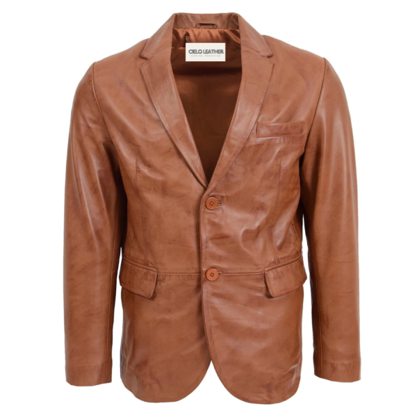 Mens Leather Blazer Two Button Jacket Zavi Tan