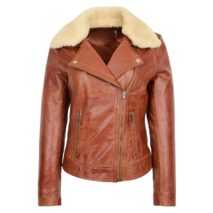 Womens Leather Biker Jacket with Detachable Collar Lauren Chestnut