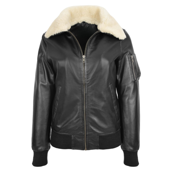 Womens Leather Bomber Jacket Removable Collar Thea Black