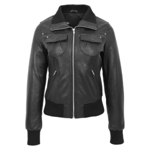 Womens Leather Classic Bomber Jacket Motto Black