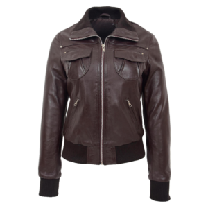 Womens Leather Classic Bomber Jacket Motto Brown