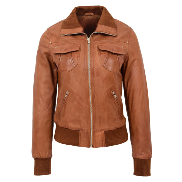 Womens Leather Classic Bomber Jacket Motto Tan