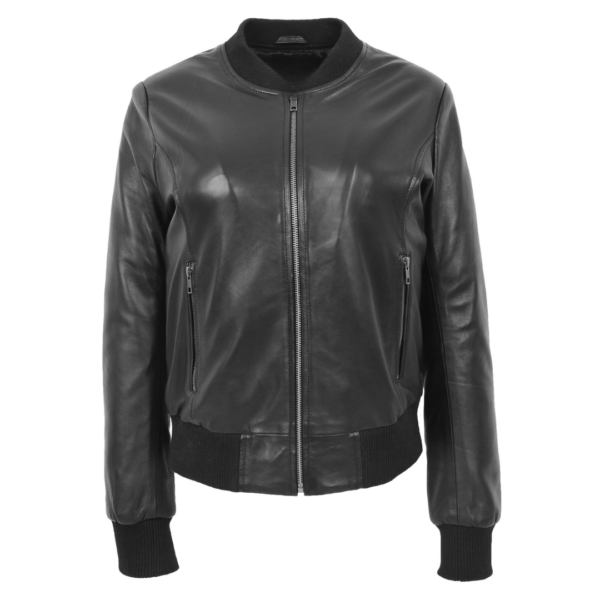 Womens Real Leather Varsity Bomber Jacket Faye Black