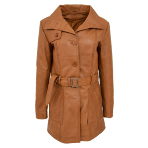 Front view of Women's Leather Trench Coat with Belt Shania Tan