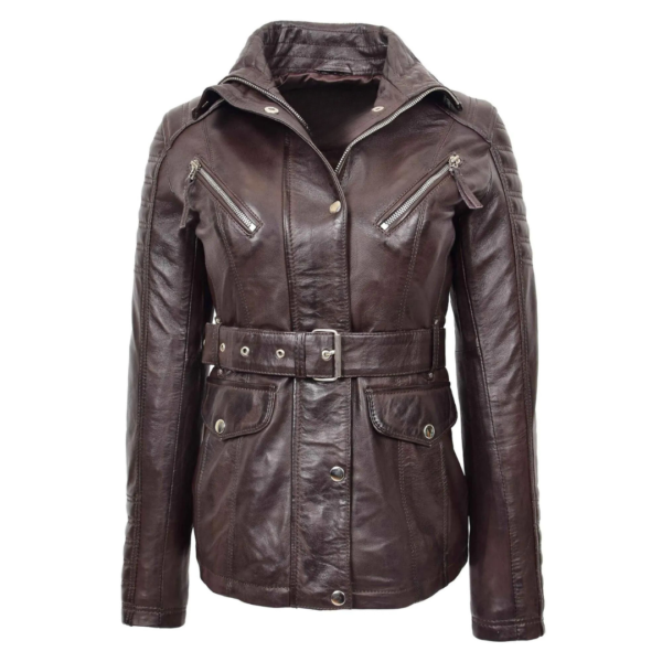 Front view of Women's Original Duffle Style Leather Coat Brown