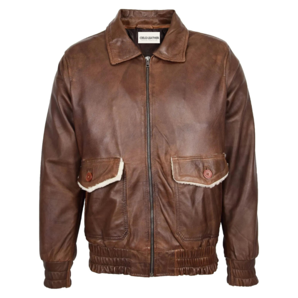 Front view of a brown leather bomber jacket with a soft white shearling collar and elasticized waistband and cuffs, displayed against a white background