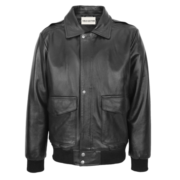 Front view of a black leather bomber jacket with a soft white shearling collar and elasticized waistband and cuffs, displayed against a white background