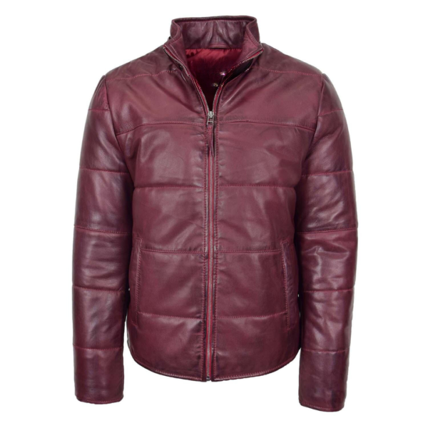 Men's Leather Hooded Puffer Jacket Rory Burgundy front side with hood removed