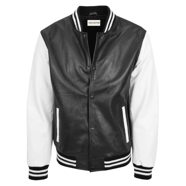 Front view of Men's Leather College Boy Varsity Jacket Garry Black White with first button open