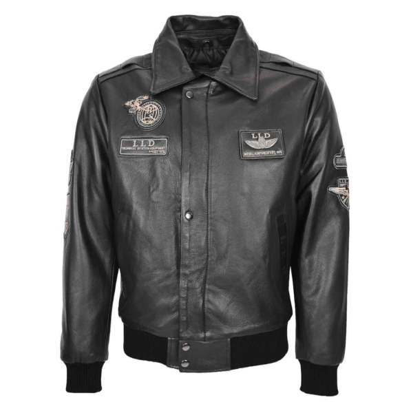 Front view of Men's Leather Jacket with Detachable Collar Pilot-N Black