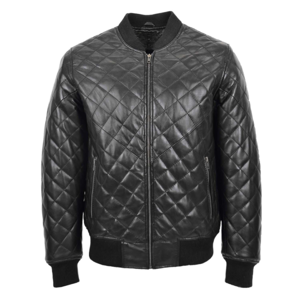 Mens Leather Quilted Bomber Jacket Warren Black