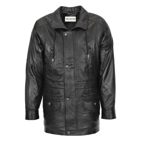 Mens Leather Winter Car Coat Hip Length Jason Black