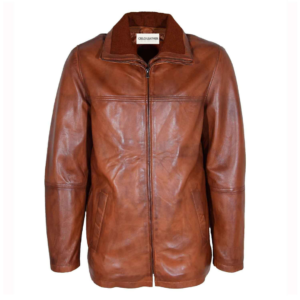 Mens Real Leather Coat Detachable Collar Lining George Cognac