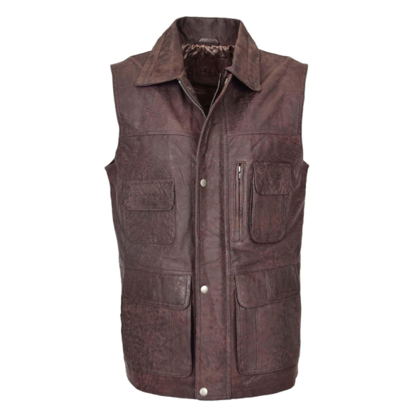 Front view of Men's Leather Multi Purpose Gilet Roger Brown