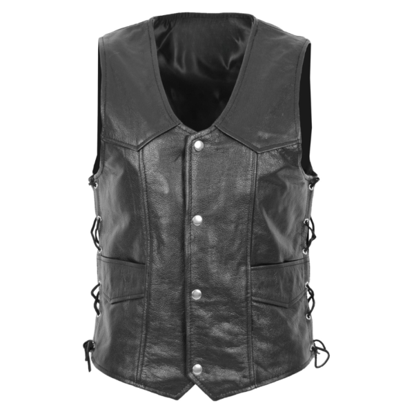 Mens Real Leather Gilet with Side Tassel Feature Jax Black