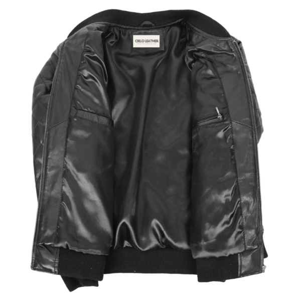 Interior view of Mens Leather Quilted Bomber Jacket Black