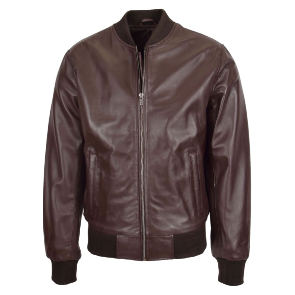 Back view of Men's Slim Fit MA1 Leather Bomber Jacket Ryan Brown