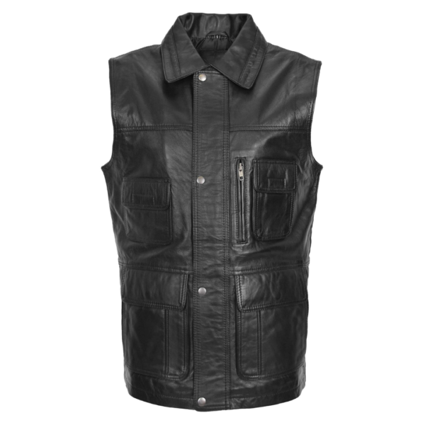 Front view of Multi Purpose Men's Leather Gilet Roger Black