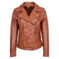 Front view of Women's Leather Biker Jacket with Detachable Collar Lauren Chestnut