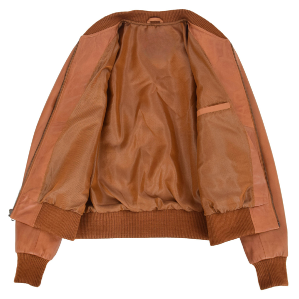 Interior view of Women's Leather Varsity Quilted Bomber Jacket Sally Tan