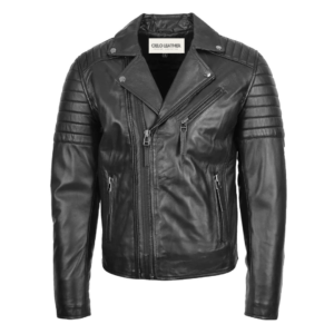 Men's Biker Leather Jacket Dual Zip Hook Black front view