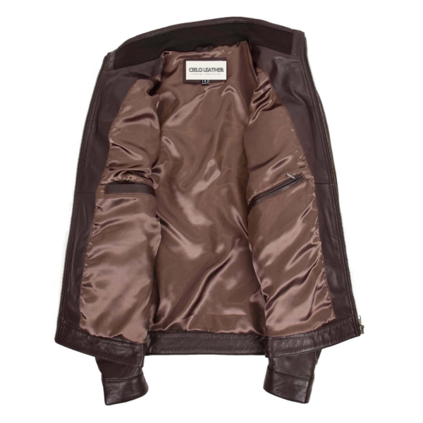 Men’s Standing Collar Leather Jacket Brown inner side