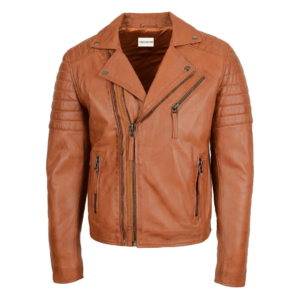 Men's Biker Leather Jacket Dual Zip Hook Tan front view