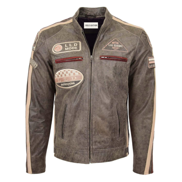 Men's Biker Leather Jacket with Badges Brown front side