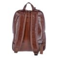Side view of a brown leather backpack with zippered compartments, a top handle, and padded shoulder straps, highlighting its spacious and practical design rear view