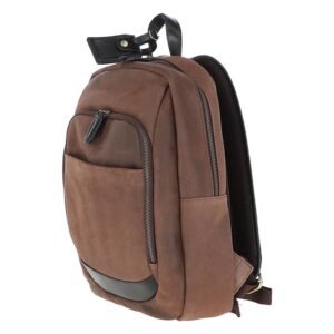 Angled view of a brown canvas and leather backpack featuring multiple zippered pockets, a reinforced bottom, and a sturdy leather top handle for durability