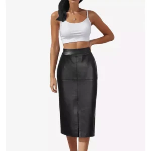 Womens Black Knee Length Leather Pencil Skirt