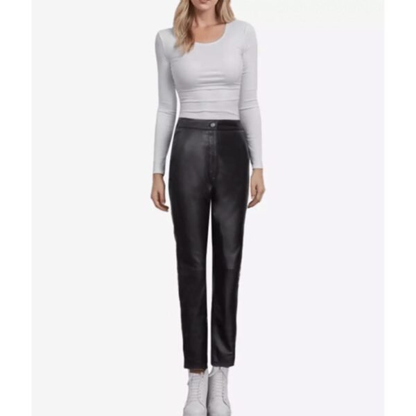 Front view of a model wearing a Straight Leg High-Rise Design Women’s Leather Trousers in Black