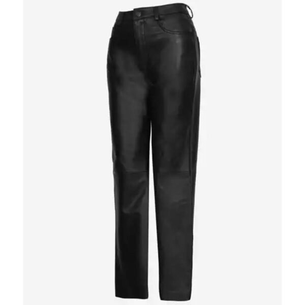 Front view Women’s Black Leather Trousers Wide Leg Pants with Multiple Pockets