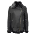 Front view of Women's Sheepskin Aviator Cross Zip Pilot Jacket Lena Black