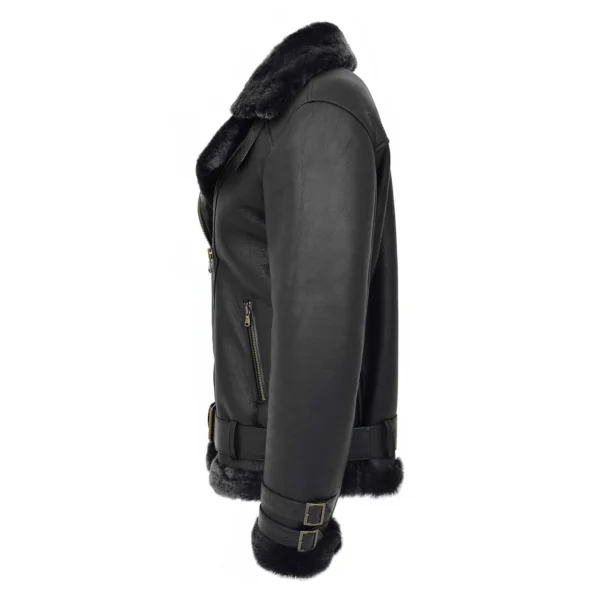 Angled view of Women's Sheepskin Aviator Cross Zip Pilot Jacket Lena Black