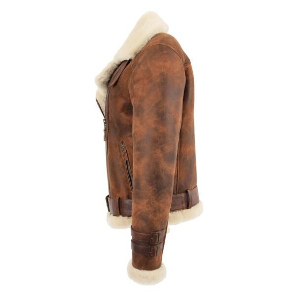 Angled view of Women's Sheepskin Aviator Cross Zip Pilot Jacket Lena Vintage Brown