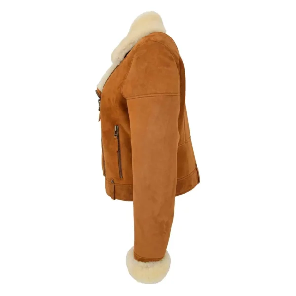 Angled view of Women's Sheepskin Aviator Pilot Jacket Nora Tan White