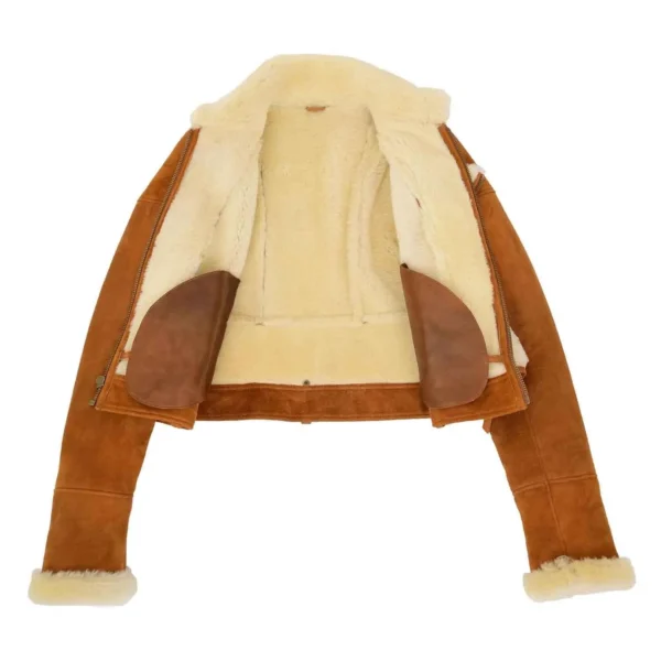 Interior view of Women's Sheepskin Aviator Pilot Jacket Nora Tan White