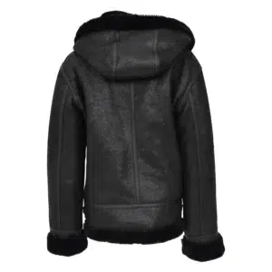 Back view of Women's Sheepskin B3 Detachable Hoodie Jacket Naomi Black