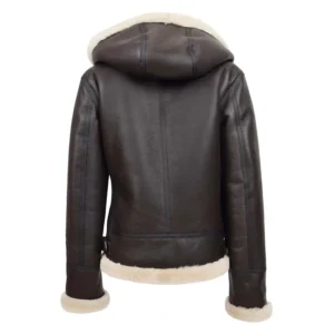 Back view of Women's Sheepskin B3 Detachable Hoodie Jacket Naomi Brown White